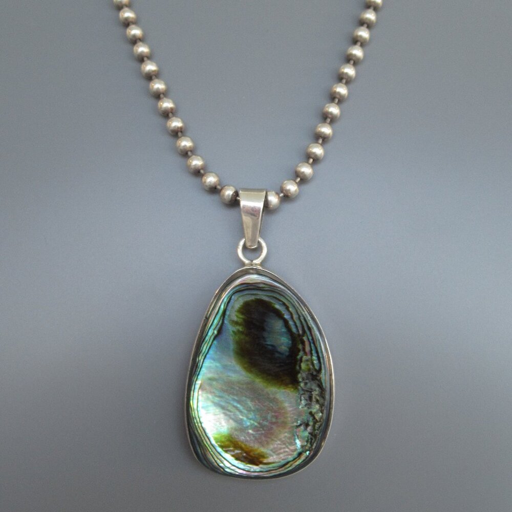 Sterling Silver Abalone Paua Shell Large Pendant Statement Pendant Stunning 2" H